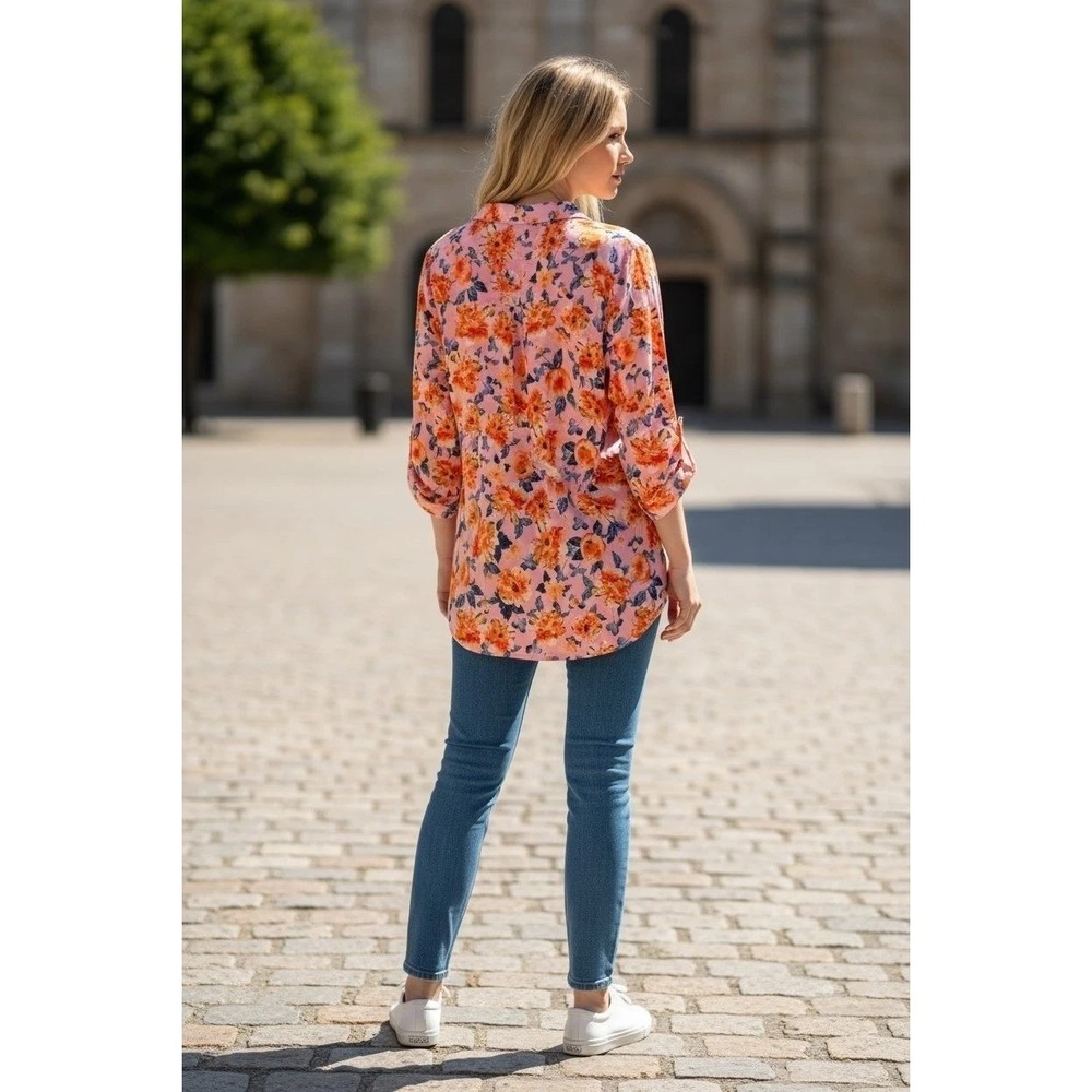Dear Scarlett Womens Pink Orange Floral Split Neck 3/4 Roll Tab Sleeve Blouse M - Picture 2 of 5
